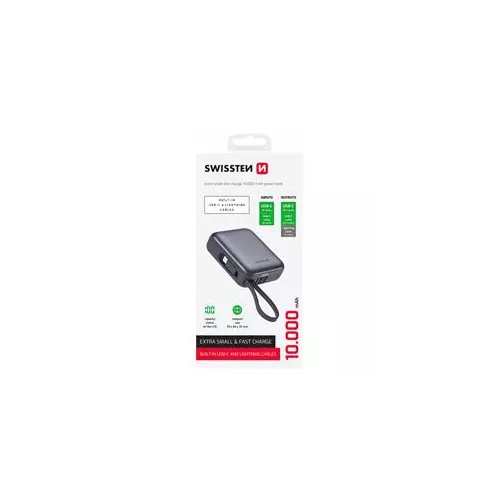 obrázek produktu SWISSTEN POWER BANK 10000 mAh S INTEGROVANÝMI KABELY  USB-C A LIGHTNING VESMÍRNĚ STŘÍBRNÁ