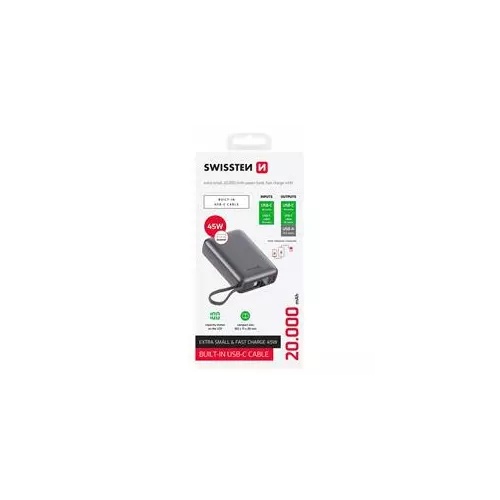 obrázek produktu SWISSTEN POWER BANK 20000 mAh 45W S INTEGROVANÝM KABELEM USB-C VESMÍRNĚ STŘÍBRNÁ 
