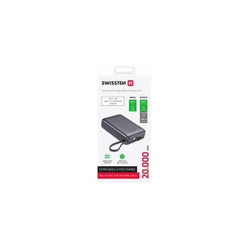 obrázek produktu SWISSTEN POWER BANK 20000 mAh S INTEGROVANÝMI KABELY  USB-C A LIGHTNING VESMÍRNĚ STŘÍBRNÁ