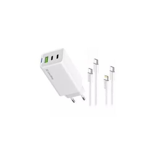 obrázek produktu ColorWay 2x USB-C, 1x USB-A/ síťová nabíječka/ GaN/ PD/ PPS/ 65W/ Včetně 2x kabelů, USB-C-USB-C, USB-C-Lightning/ Bílá