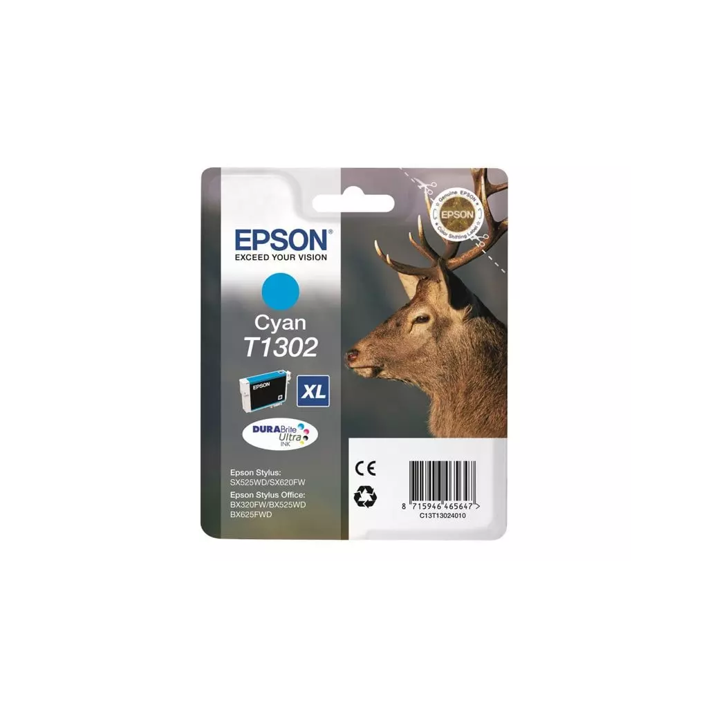 Obrázek produktu Epson T1302 Cyan 10,1ml pro Stylus SX525WD/SX620FW, Stylus Office BX320FW/BX525WD/BX625FWD - originální - azurová/cyan