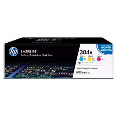 obrázek produktu HP CF372AM originální sada tonerů (3pack toner) č. 304A CMY azurový+purpurový+žlutý 2800 stran (CC531A+CC532A+CC533A, pro CLJ CP2025