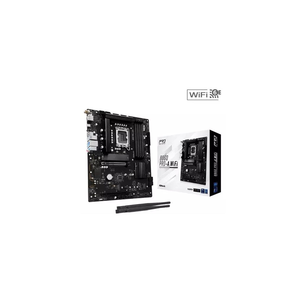Obrázek produktu ASROCK B860 PRO-A WIFI (intel 1851, 4xDDR5, ATX, USB 3.2 G2x2, M.2 PCIe Gen5x4)