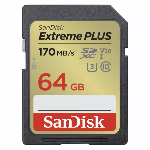 obrázek produktu SanDisk Extreme PLUS 64GB SDXC Memory Card 170MB/s and 80MB/s, UHS-I, Class 10, U3, V30