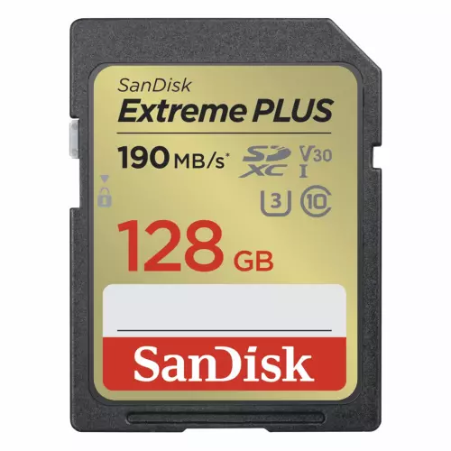 obrázek produktu SanDisk Extreme PLUS 128GB SDXC Memory Card 190MB/s and 90MB/s, UHS-I, Class 10, U3, V30