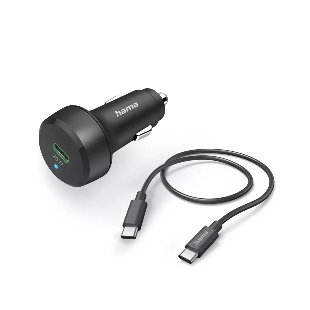 Obrázek produktu Hama set: rychlá USB nabíječka do vozidla USB-C PD/QC 25 W + kabel USB C-C 1 m