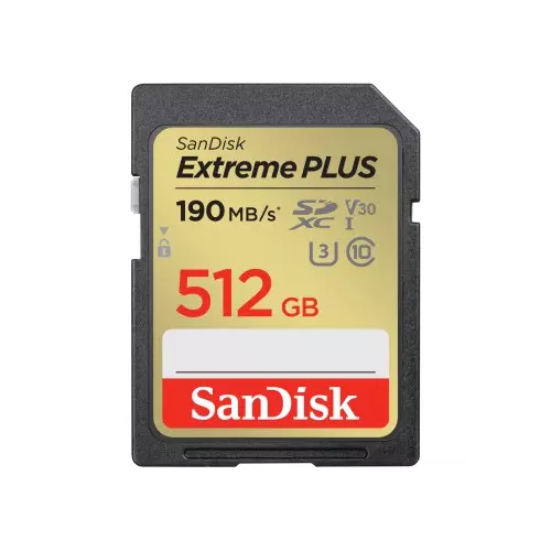 obrázek produktu SanDisk Extreme PLUS 512 GB SDXC Memory Card 190 MB/s and 130 MB/s, UHS-I, Class 10, U3, V30