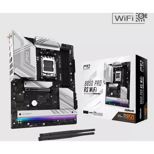 obrázek produktu ASRock B850 pro RS WIFI (AM5, amd B850, 4xDDR5, PCIE 5.0, HDMI, 4xSATA3 +4xM.2, USB3.2 G2x2, GLAN 2,5G, ATX)