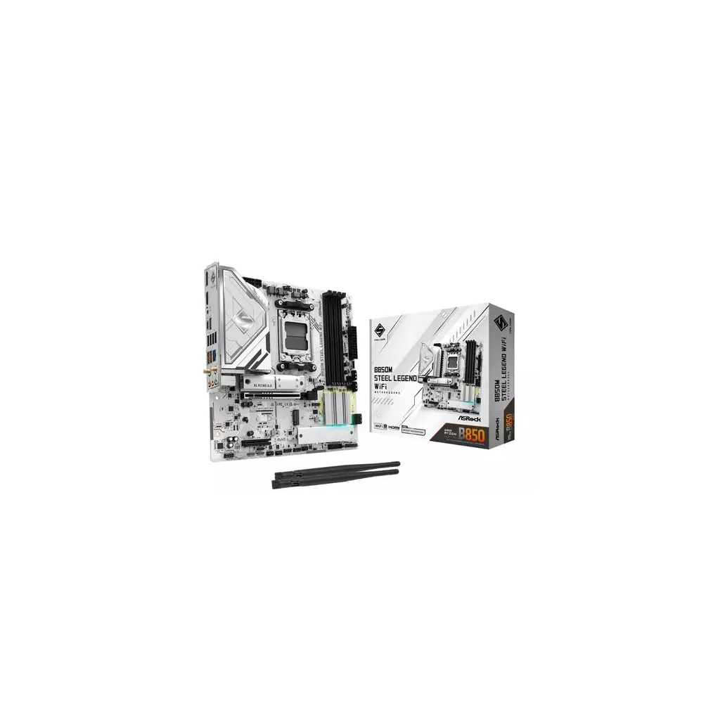 Obrázek produktu ASRock B850M STEEL LEGEND WIFI (AM5, amd B850, 4xDDR5, PCIE 5.0, HDMI, 4xSATA3 +2xM.2, USB3.2 G2, GLAN 2,5G, mATX)