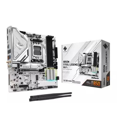 obrázek produktu ASRock B850M STEEL LEGEND WIFI (AM5, amd B850, 4xDDR5, PCIE 5.0, HDMI, 4xSATA3 +2xM.2, USB3.2 G2, GLAN 2,5G, mATX)