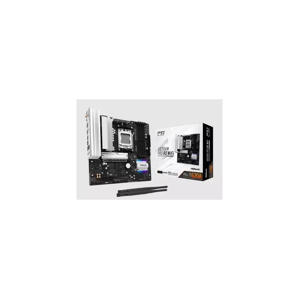 Obrázek produktu ASRock A620AM PRO RS WIFI (AM5, amd A620A, 4xDDR5 7200MHz, PCIE 4.0, HDMI+DPort, 2xSATA3 +3xM.2, USB3.2 G1, 1x2.5GLAN, m