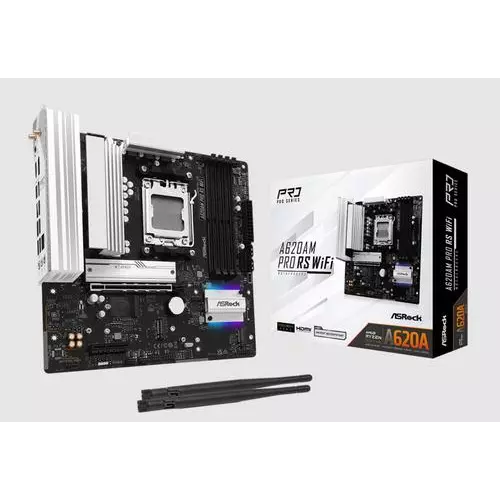 obrázek produktu ASRock A620AM PRO RS WIFI (AM5, amd A620A, 4xDDR5 7200MHz, PCIE 4.0, HDMI+DPort, 2xSATA3 +3xM.2, USB3.2 G1, 1x2.5GLAN, m