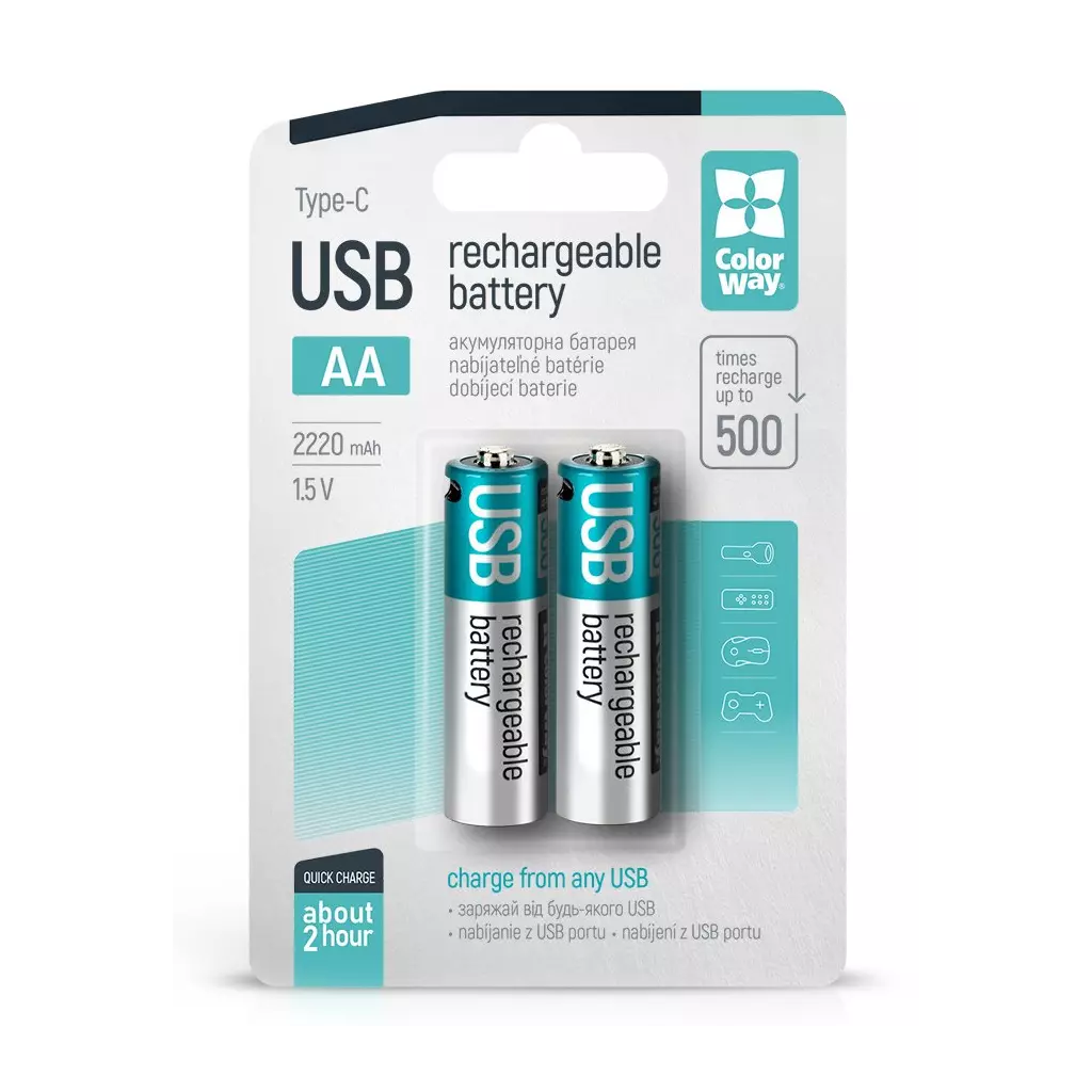 Obrázek produktu Colorway nabíjecí baterie AA 2200mAh/ USB-C/ 1.5V/ 2ks v balení