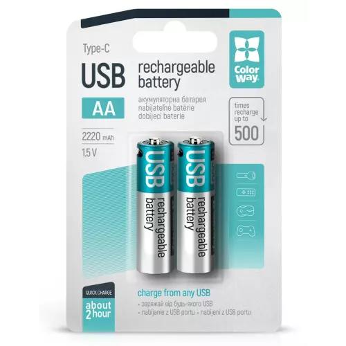 obrázek produktu Colorway nabíjecí baterie AA 2200mAh/ USB-C/ 1.5V/ 2ks v balení
