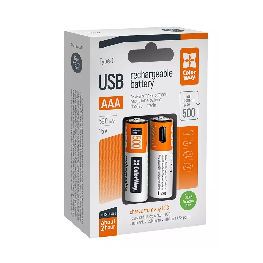 Obrázek produktu Colorway nabíjecí baterie AAA 590mAh/ USB-C/ 1.5V/ 6ks v balení