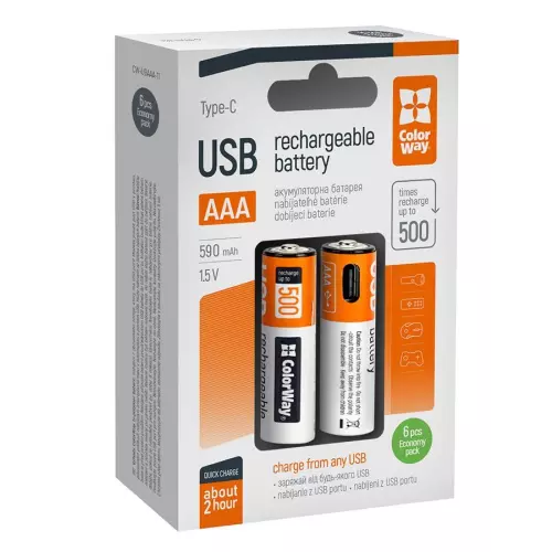 obrázek produktu Colorway nabíjecí baterie AAA 590mAh/ USB-C/ 1.5V/ 6ks v balení