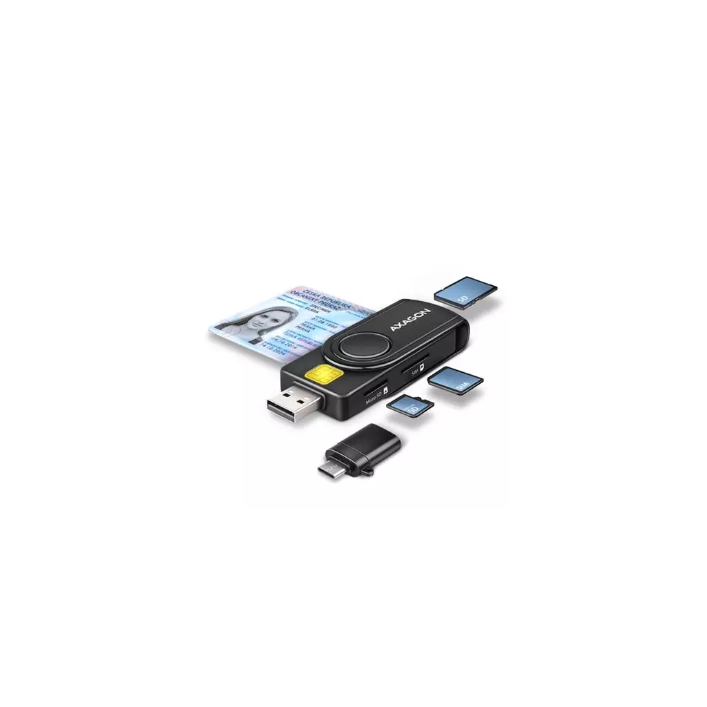 Obrázek produktu Axagon CRE-SMP2A, USB-A + USB-C PocketReader 4-slot čtečka Smart card (eObčanka) + SD/microSD/SIM