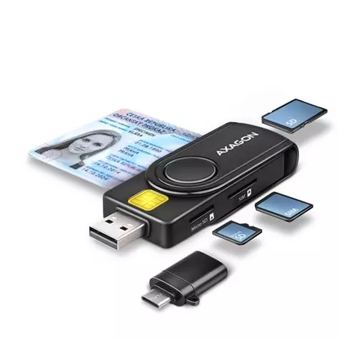 obrázek produktu Axagon CRE-SMP2A, USB-A + USB-C PocketReader 4-slot čtečka Smart card (eObčanka) + SD/microSD/SIM