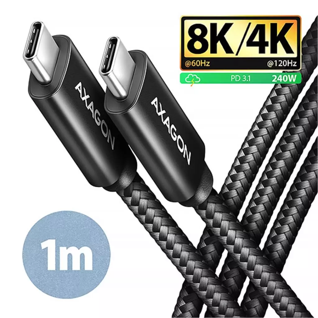 Obrázek produktu Axagon BUCM4X-CM10AB NewGEN+ kabel USB-C <-> USB-C, 1m, USB4 Gen 3×2, PD 240W 5A, 8K HD, ALU, oplet, černý