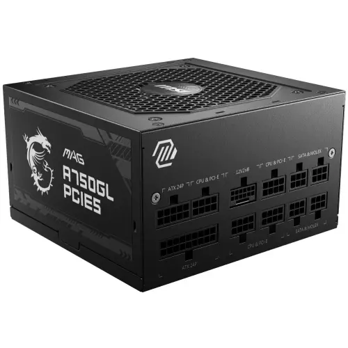 obrázek produktu MSI zdroj MAG A750GL PCIE5 750W ATX3.0 akt. PFC 7 let celk. záruka 120mm fan modulární kabeláž 80PLUS Gold