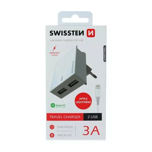 obrázek produktu Swissten síťový adaptér smart IC 2X USB 3A power + datový kabel USB / Lightning 1,2 M, bílý