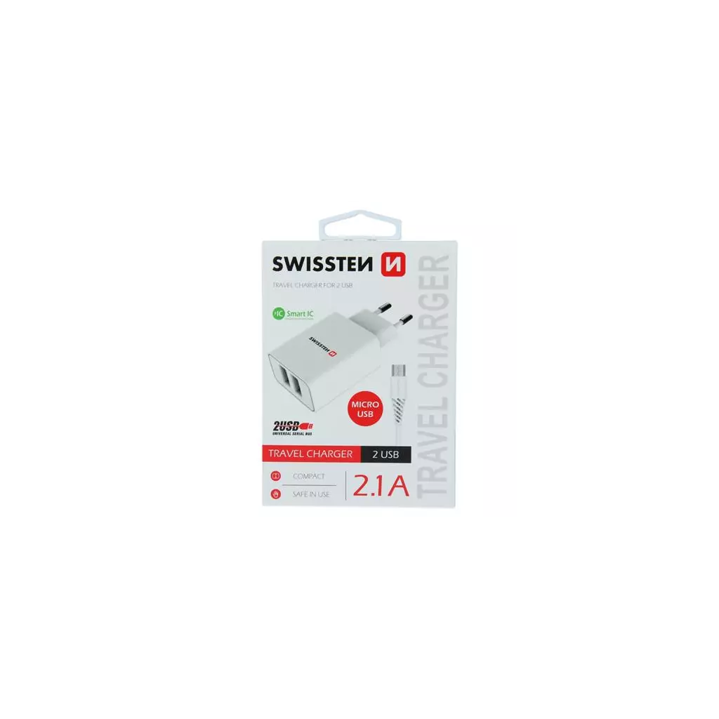 Obrázek produktu Swissten síťový adaptér smart IC 2X USB 2,1A power + datový kabel USB / Micro USB 1,2 M, bílý