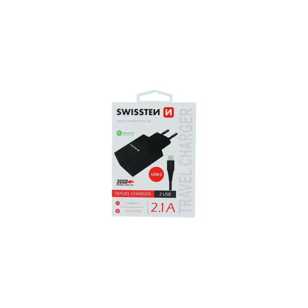Obrázek produktu Swissten síťový adaptér smart IC 2X USB 2,1A power + datový kabel USB / Type C 1,2 M, černý