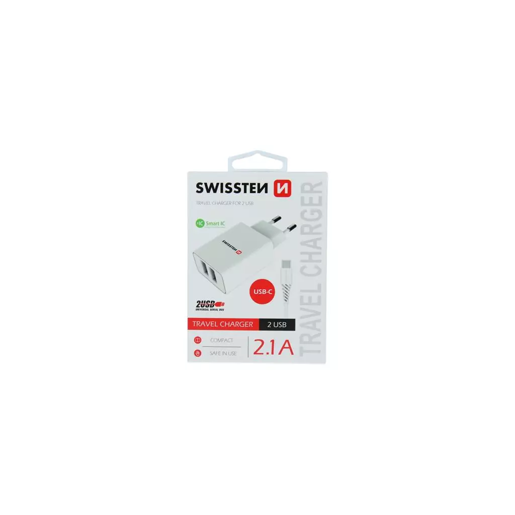 Obrázek produktu Swissten síťový adaptér smart IC 2X USB 2,1A power + datový kabel USB / Type C 1,2 M, bílý
