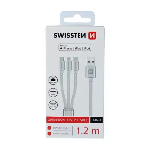 obrázek produktu Swissten datový kabel textile 3In1 Mfi 1,2 M, stříbrný