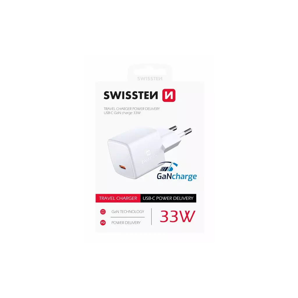Obrázek produktu Swissten mini síťový adaptér GaN USB-C 33W power delivery