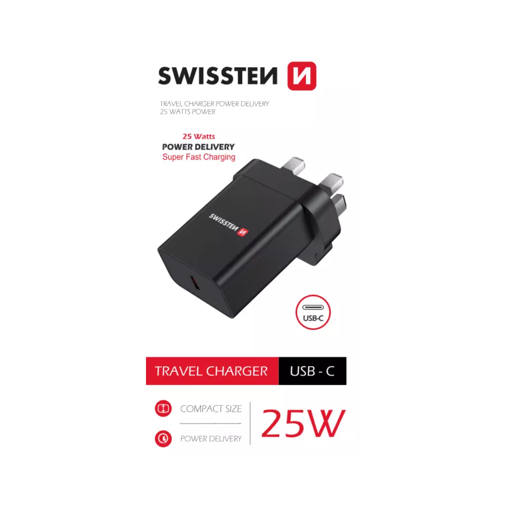 Obrázek produktu Swissten síťový adaptér pd 25W pro iPhone a Samsung pro UK zásuvku černý