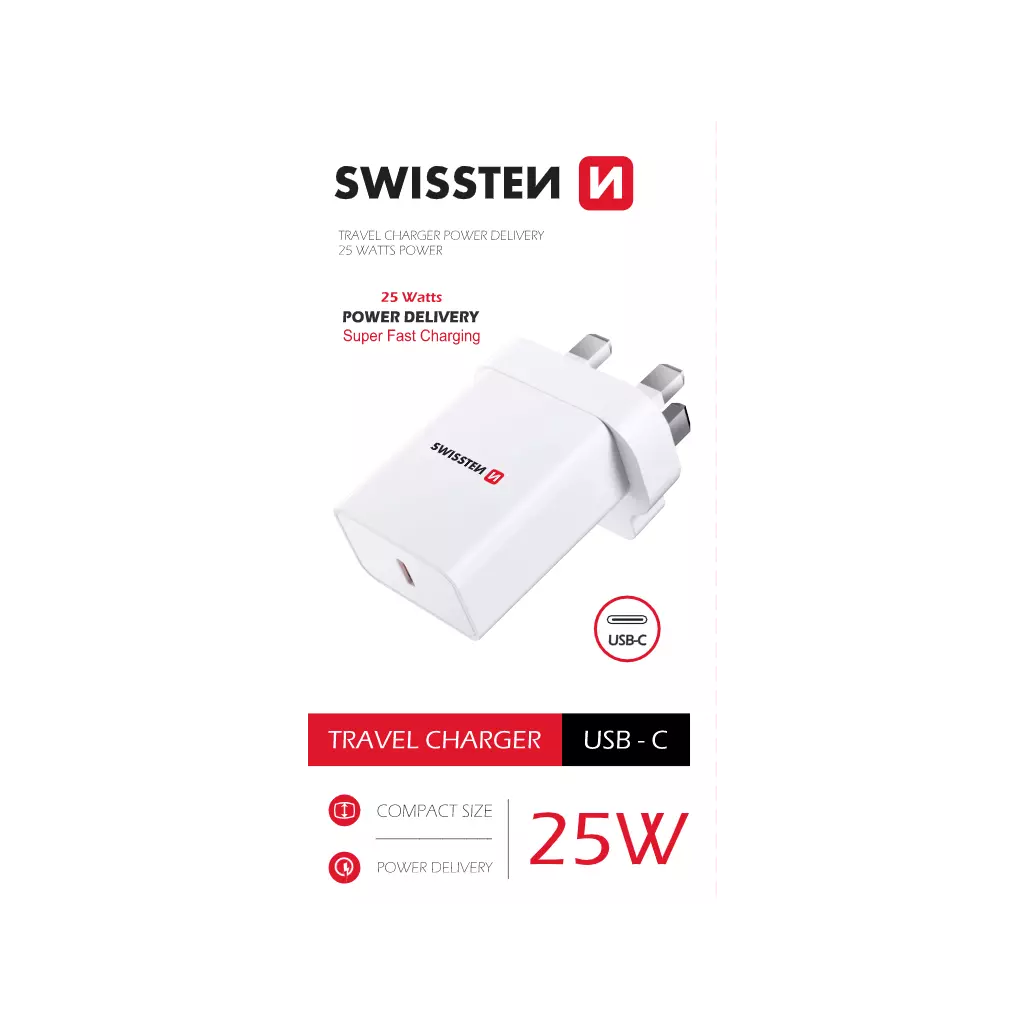 Obrázek produktu Swissten síťový adaptér pd 25W pro iPhone a Samsung pro UK zásuvku bílý