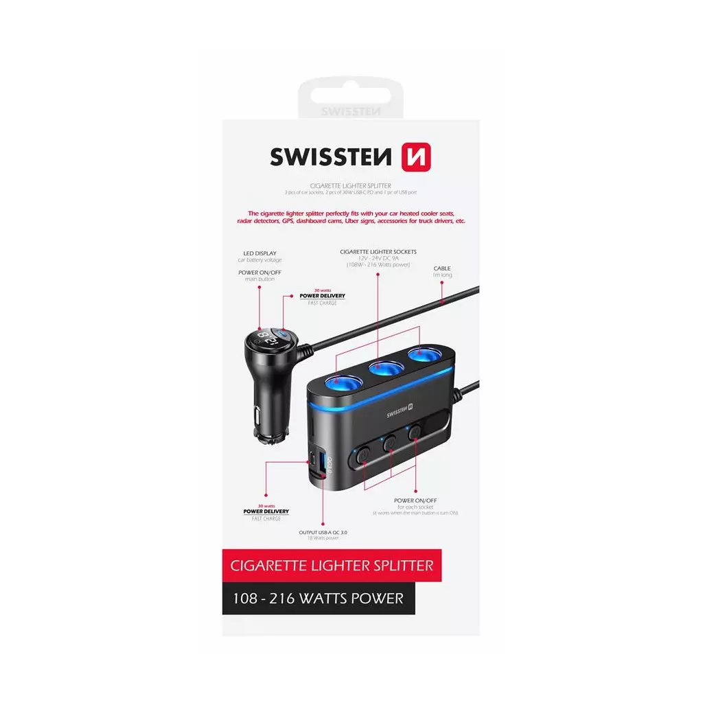 Obrázek produktu Swissten autoadaptér s výstupem 3x cl, 2x USB-C pd a 1x USB-A qa 3.0, 108W - 216W