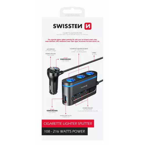 obrázek produktu Swissten autoadaptér s výstupem 3x cl, 2x USB-C pd a 1x USB-A qa 3.0, 108W - 216W