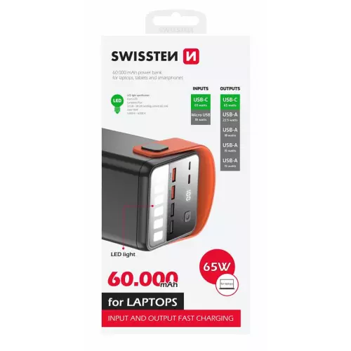 obrázek produktu Swissten power line power bank 60000 mAh 65W power delivery black