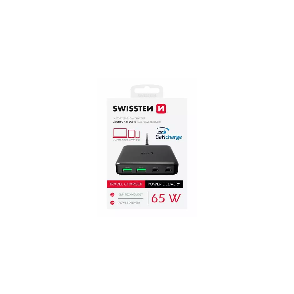Obrázek produktu Swissten mini desktop adaptér GaN 2x USB-C + 2xUSB 65W power delivery černý