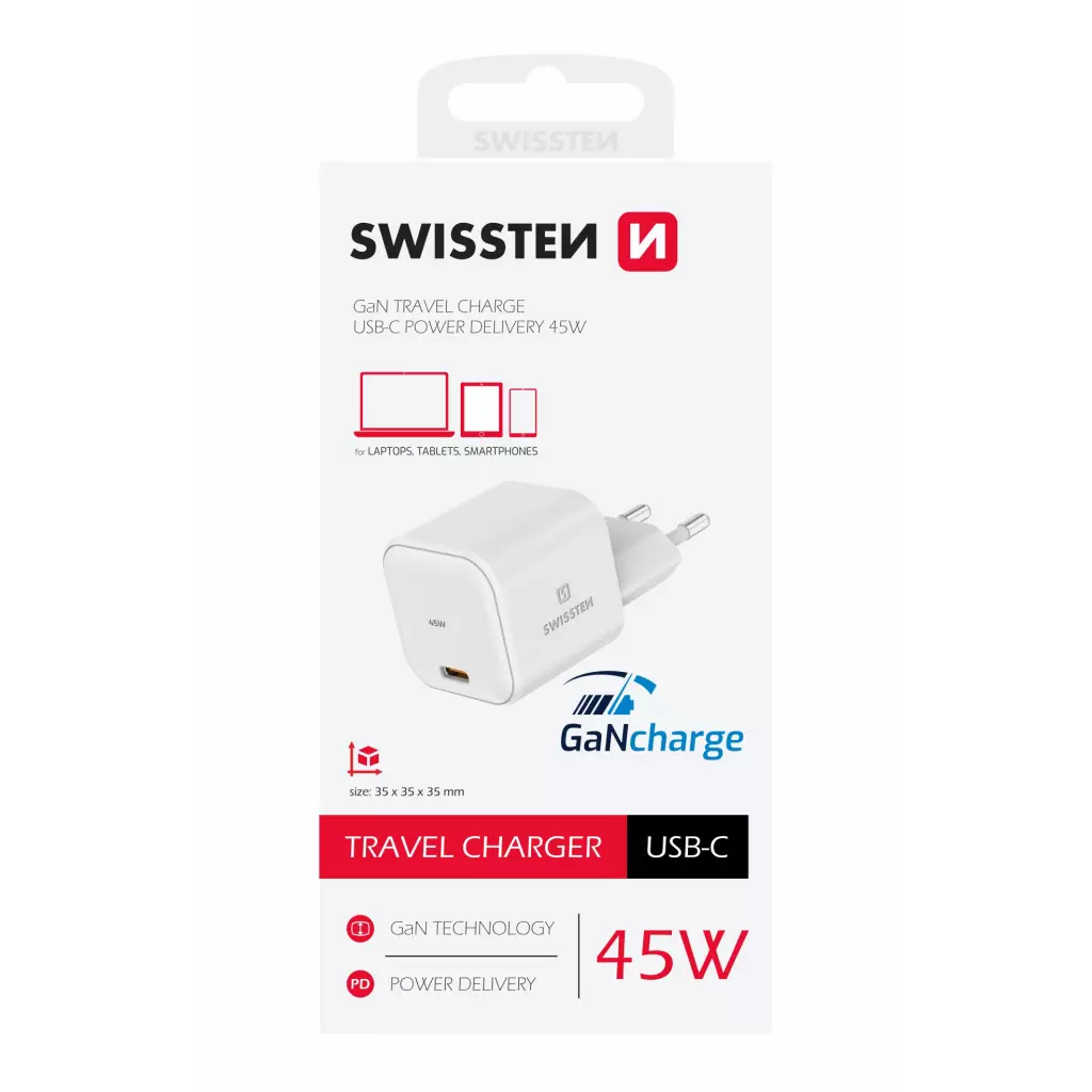 Obrázek produktu Swissten síťový adaptér GaN 1x USB-C 45W power delivery bílý