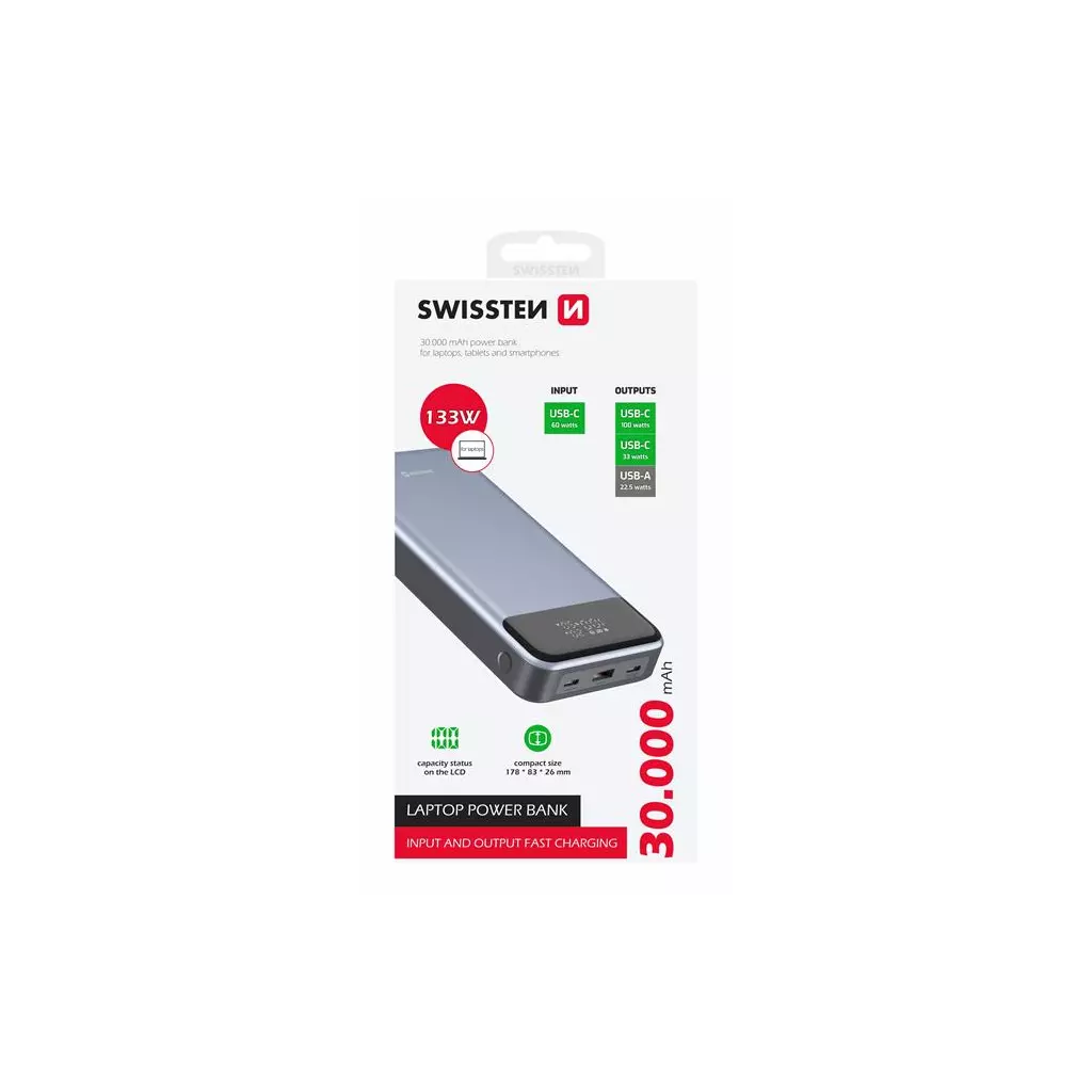 Obrázek produktu Swissten power bank 30000 mAh 133W power delivery grey