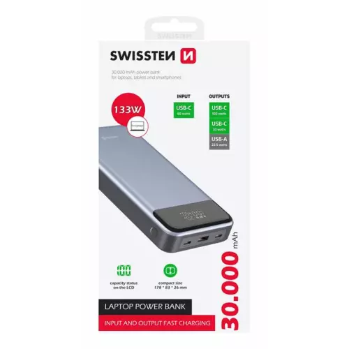 obrázek produktu Swissten power bank 30000 mAh 133W power delivery grey