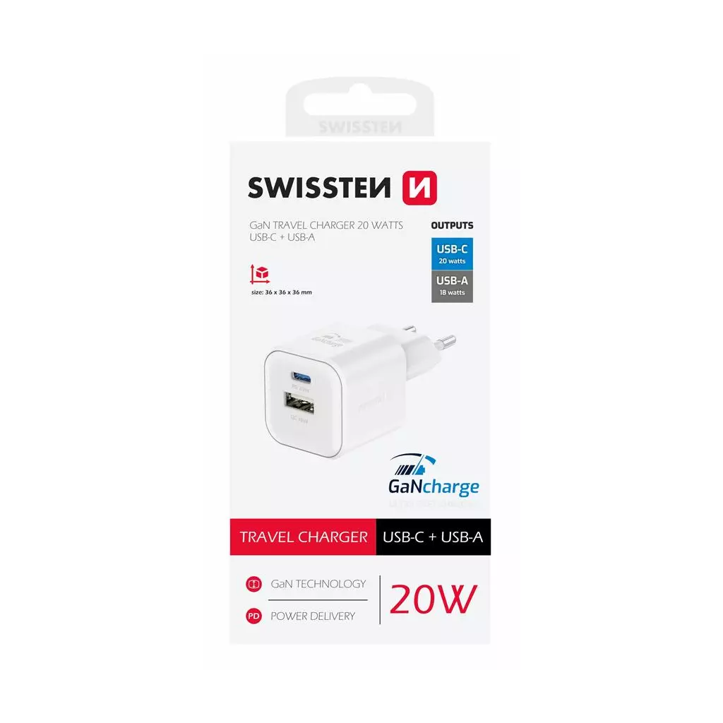 Obrázek produktu Swissten síťový adaptér GaN 1x USB-C 20W pd a 1x USB-A 18w QC bílý
