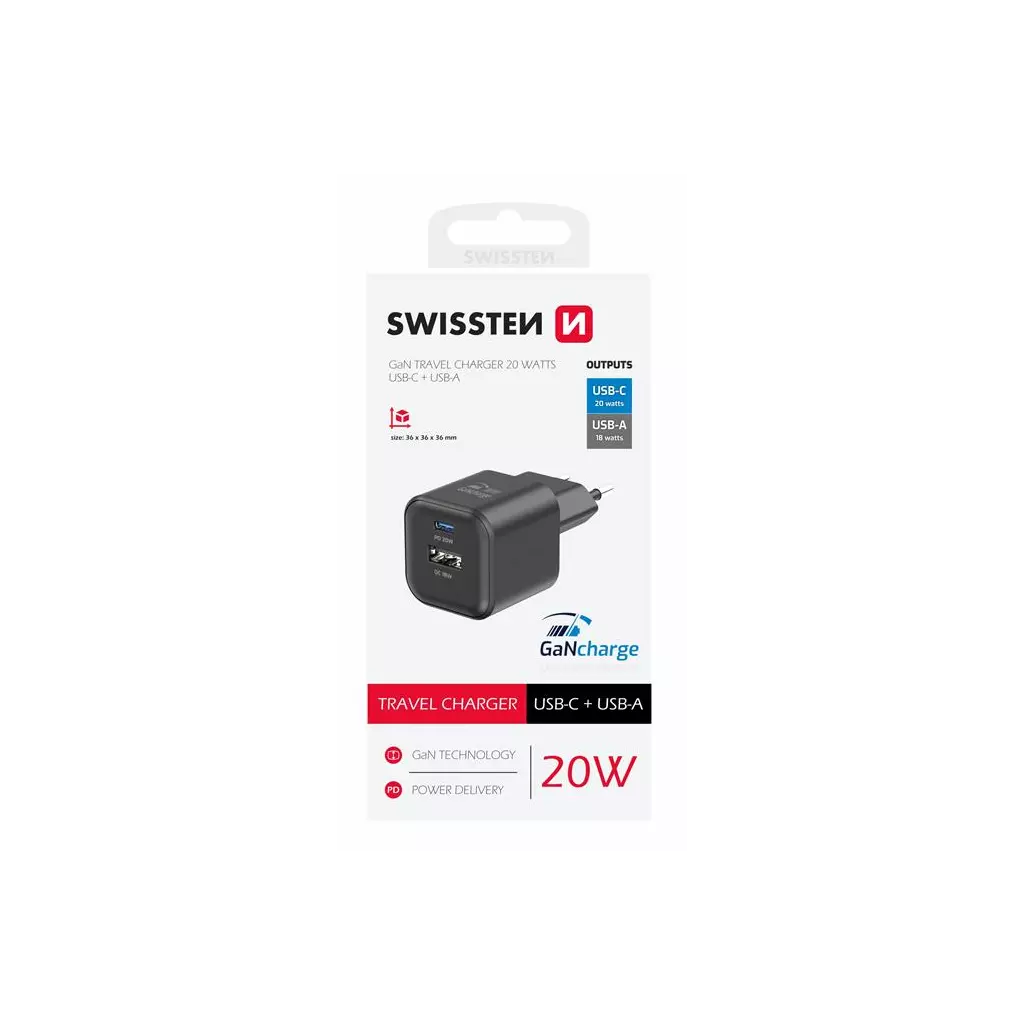 Obrázek produktu Swissten síťový adaptér GaN 1x USB-C 20W pd + 1x USB-A 18w QC černý