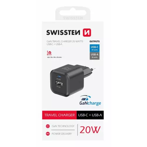 obrázek produktu Swissten síťový adaptér GaN 1x USB-C 20W pd + 1x USB-A 18w QC černý