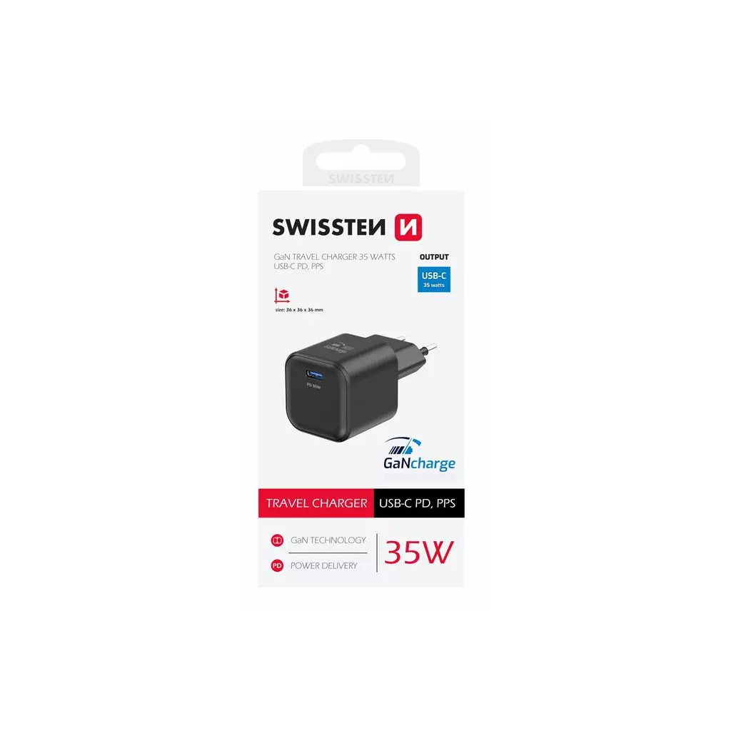 Obrázek produktu Swissten síťový adaptér GaN 1x USB-C 35W power delivery černý