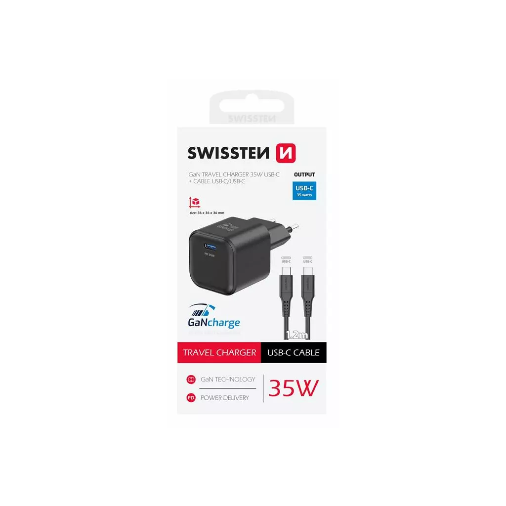 Obrázek produktu Swissten síťový adaptér GaN 1x USB-C 35W power delivery černý + datový kabel USB-C USB-C 1,2 m černý