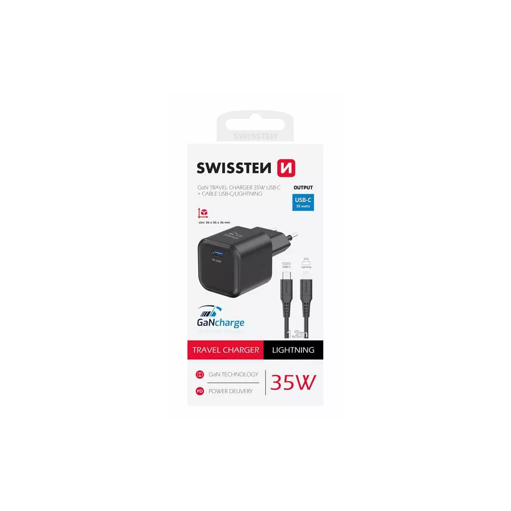 Obrázek produktu Swissten síťový adaptér GaN 1x USB-C 35W power delivery černý + datový kabel USB-C lightning 1,2 m černý