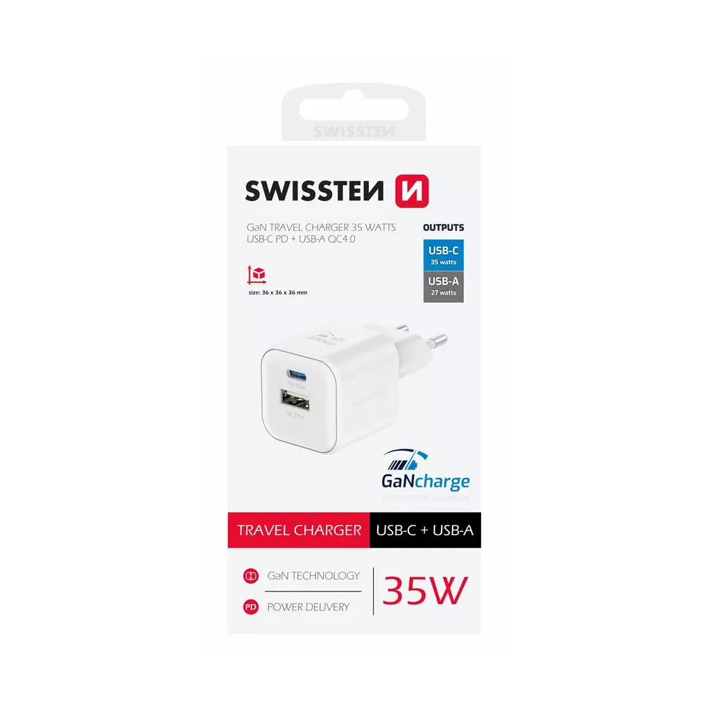 Obrázek produktu Swissten síťový adaptér GaN 1x USB-C 35W pd + 1x USB-A 27W QC bílý