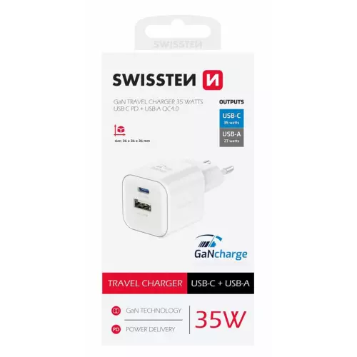 obrázek produktu Swissten síťový adaptér GaN 1x USB-C 35W pd + 1x USB-A 27W QC bílý
