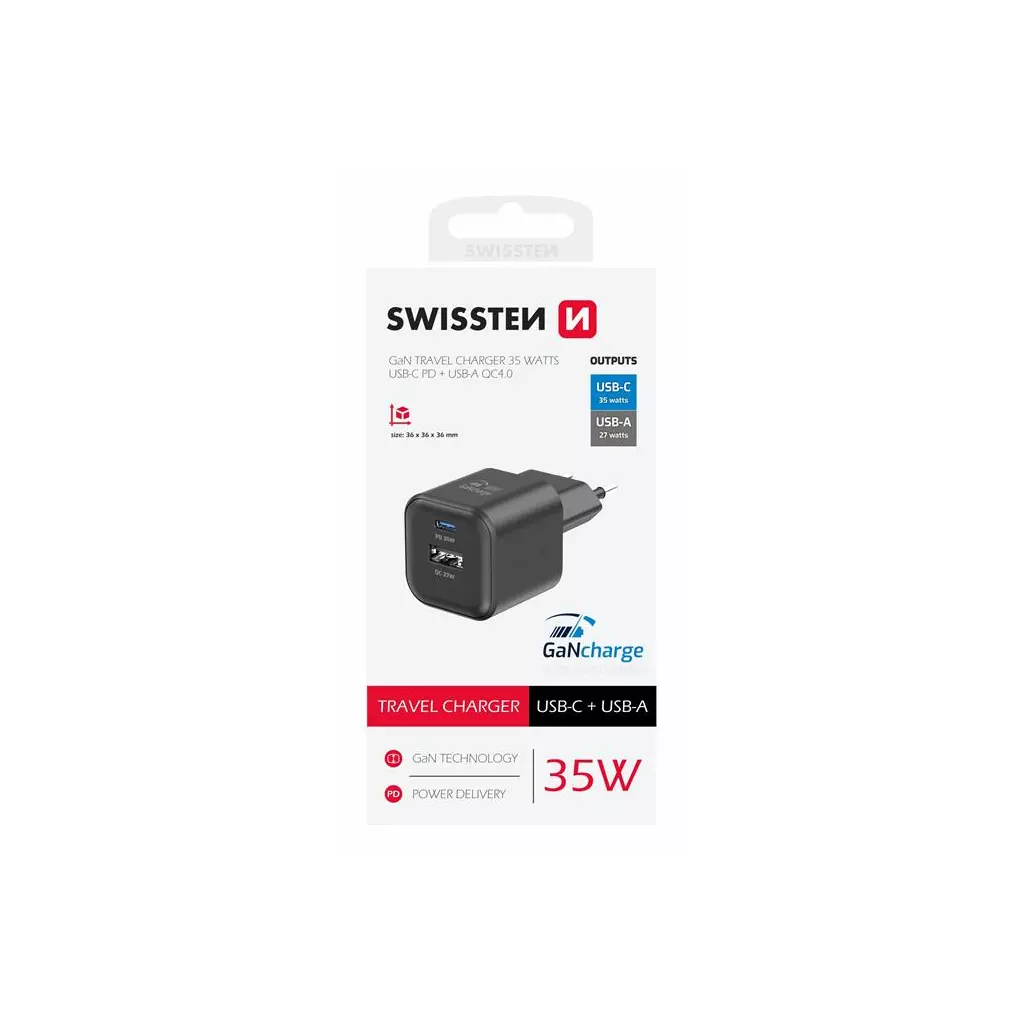 Obrázek produktu Swissten síťový adaptér GaN 1x USB-C 35W pd + 1x USB-A 27W QC černý