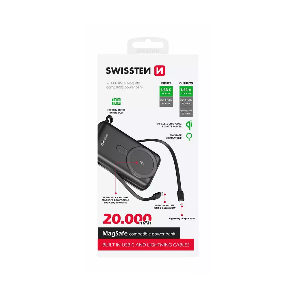 Obrázek produktu Swissten power bank 20000 mAh pd 20W s integrovanými kabely USB-C a lightning