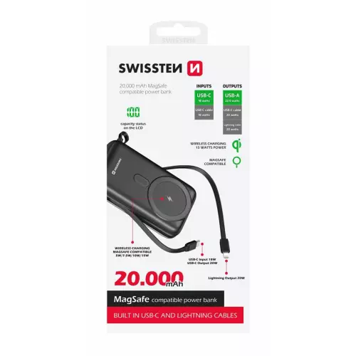obrázek produktu Swissten power bank 20000 mAh pd 20W s integrovanými kabely USB-C a lightning 